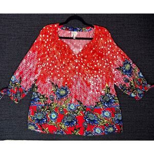 Fig & Flower Blouse Womens Size 2X Red Multicolor Popover Floral Boho 3/4 Sleeve